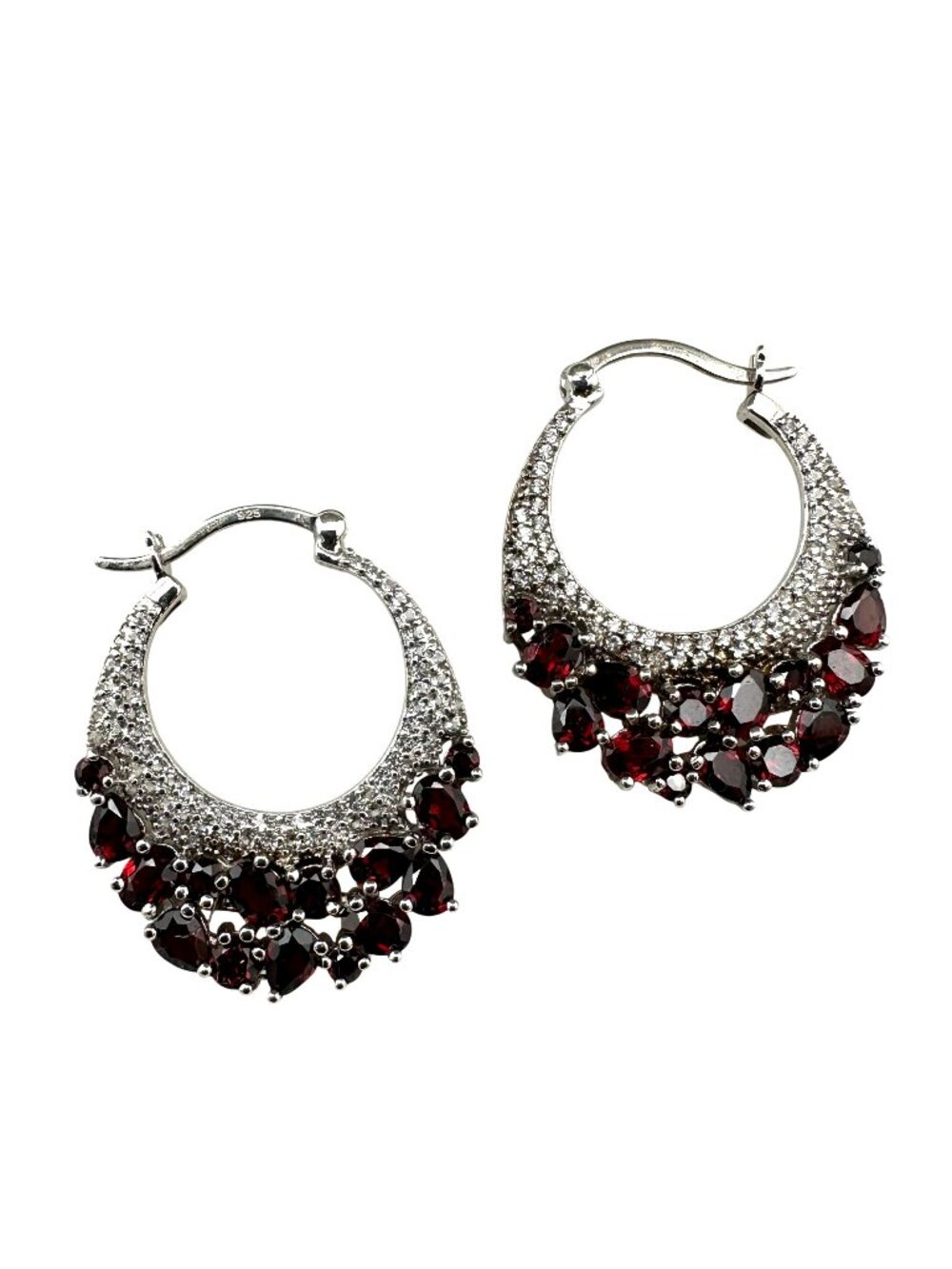 Diamond Red Garnet Earrings Sterling Silver Pierced Hoops Signed JZ